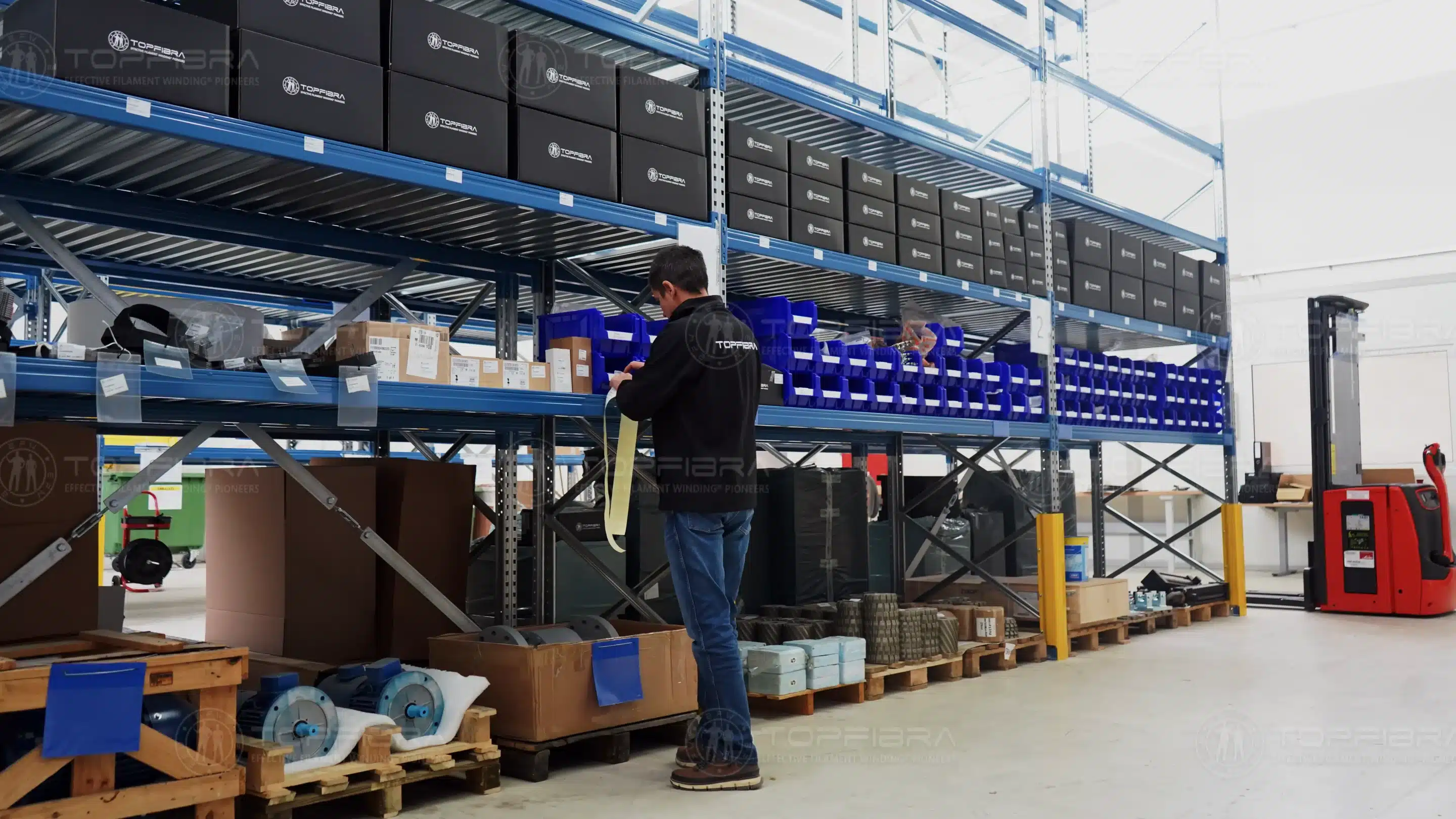 Topfibra technician preparing GRP spare parts and consumables in warehouse
